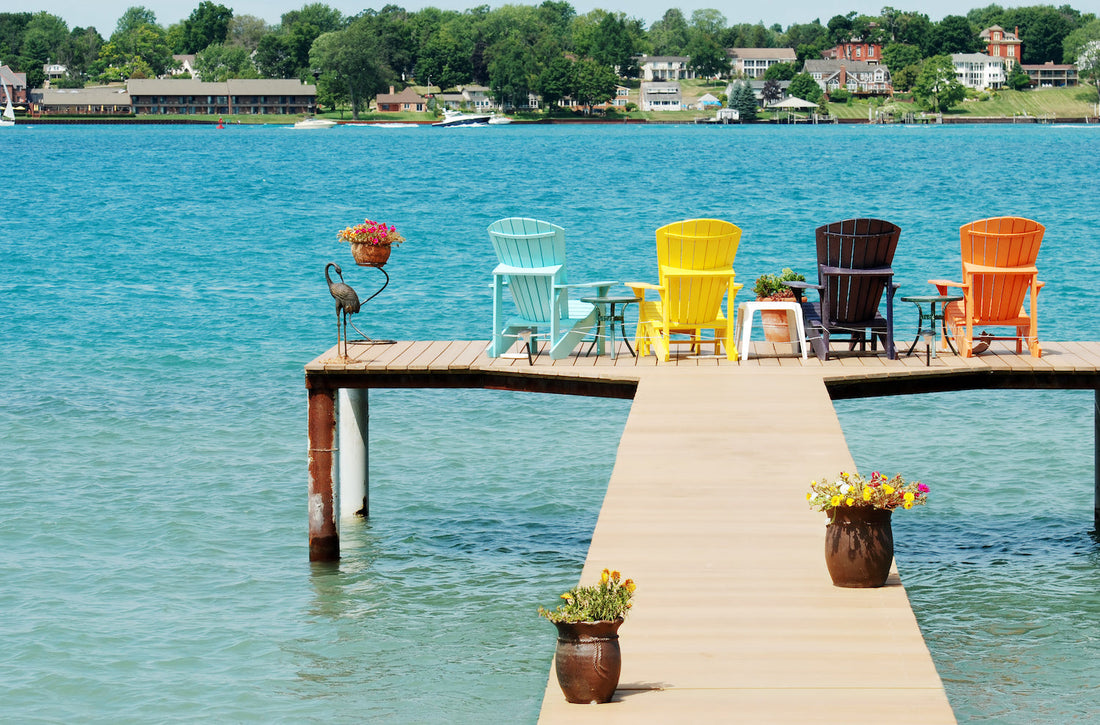 Colorful dock furniture at the end of a t-shaped dock.